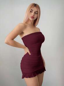 Sweetina 合身不对称网眼露肩迷你连衣裙 - 酒紅色 - 查看 5