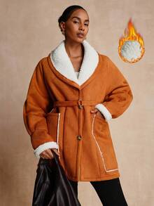 SHEIN LUNE Women's Faux Deer Suede Contrast Sherpa Collar Jacket - Brown - View 7