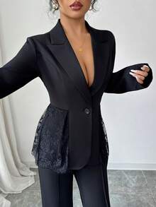 SHEIN Elenzya 优雅浪漫精致女士西装套装，纯色面料拼接蕾丝面料，收腰小A字外套配直筒裤，秋冬办公室通勤商务休闲装 - 黑色 - 查看 6