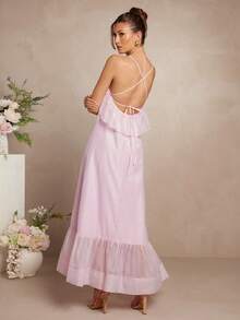 L'Amorae 优雅淡粉色无袖飘逸荷叶边细节层叠长裙 - 粉色 - 查看 2
