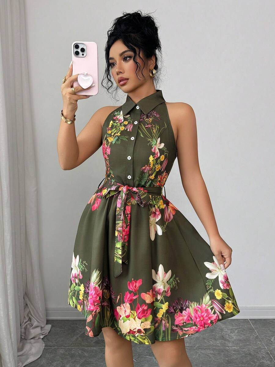 Selianne Women's Summer Floral Print Button Half-Placket Halter Dress - Multicolor - View 1