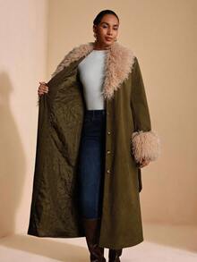Lyxana 女式长款仿皮灯芯绒棉服外套（冬季） - 橄欖綠 - 查看 3