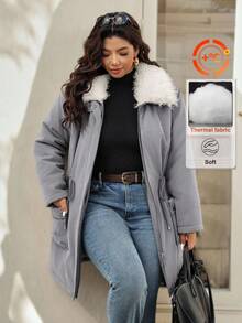 Vionelle Roveilla 加大码长袖连帽大口袋抽绳腰部纯色翻领仿皮草衬里休闲基本款夹克冬/秋 - 灰色 - 查看 7