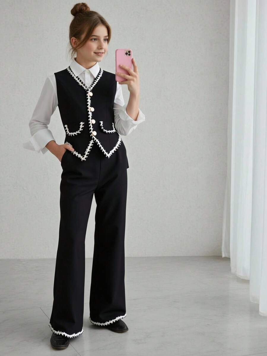 Sparklyn 2 件套青少年女孩优雅吊带背心和阔腿裤套装，通勤装，春秋季 - 黑色 - 查看 1