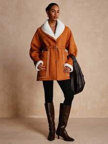 SHEIN LUNE Women's Faux Deer Suede Contrast Sherpa Collar Jacket - Brown - View 4
