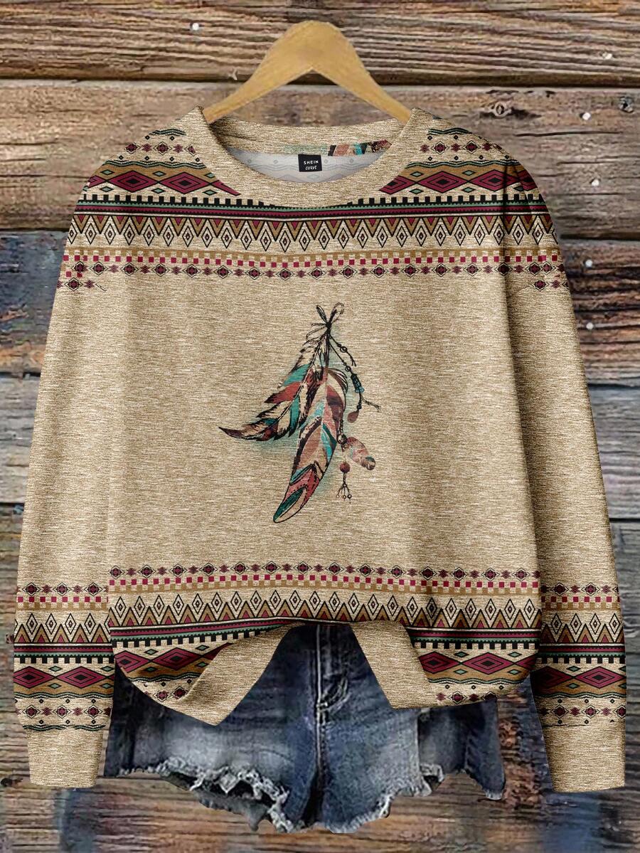 EMERY ROSE Plus Size Thanksgiving Texture Feather Print Long Sleeve Pullover Sweatshirt For Women Autumn Winter - Multicolor - View 1