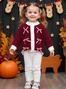 SHEIN 2pcs Baby Girl Christmas Outfit,Red Knitted Long Sleeve Top + Flared Pants Set,Cute White Autumn Casual Family Matching Knitted Fashionable Clothes - Red - View 3