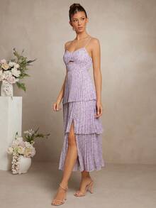 L'Amorae Vestido plisado con abertura lateral con estampado floral diminuto elegante para mujer, de verano - Púrpura malva - Ver 4