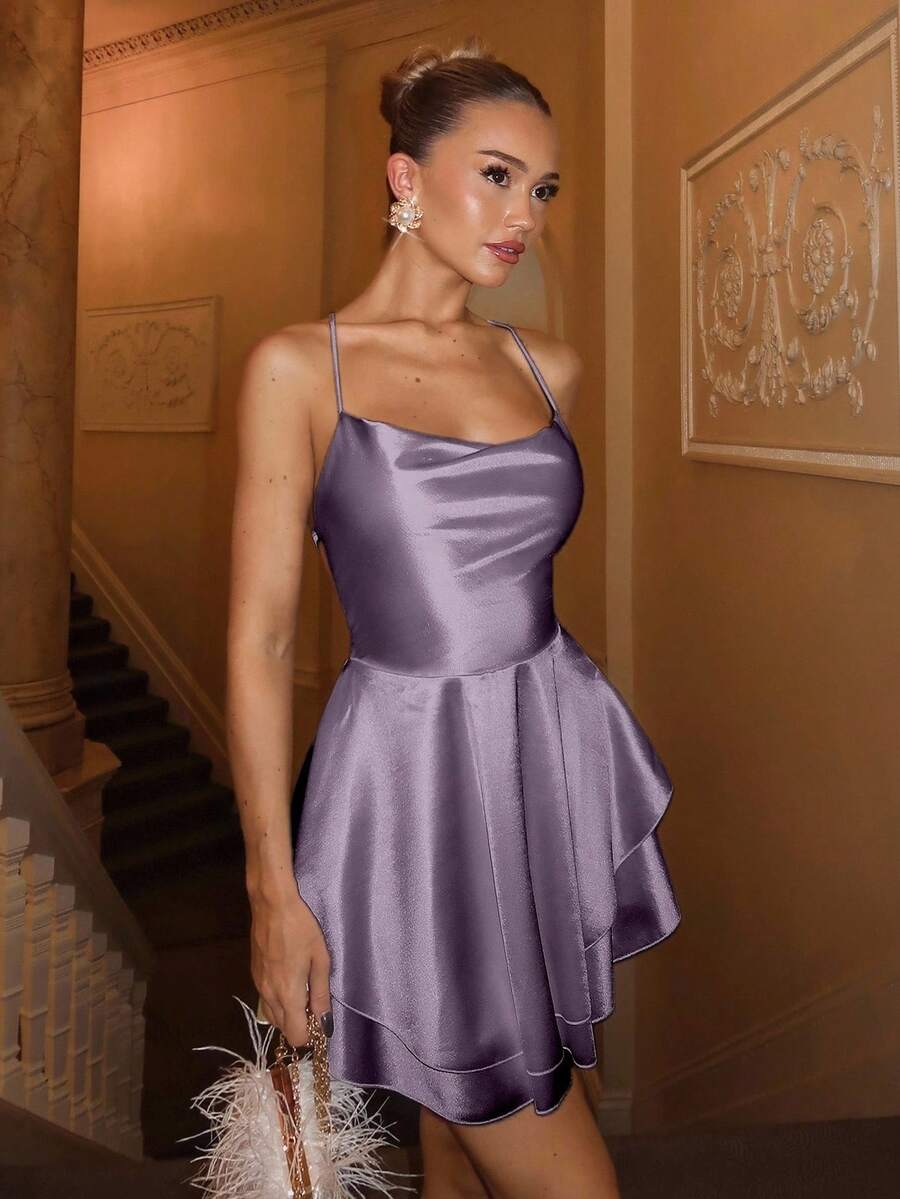 SHEIN Unity Vestido de tirantes finos con volantes de unicolor elegante para mujer, conjunto de ropa de verano de mujer mini corto - Morado - Ver 1