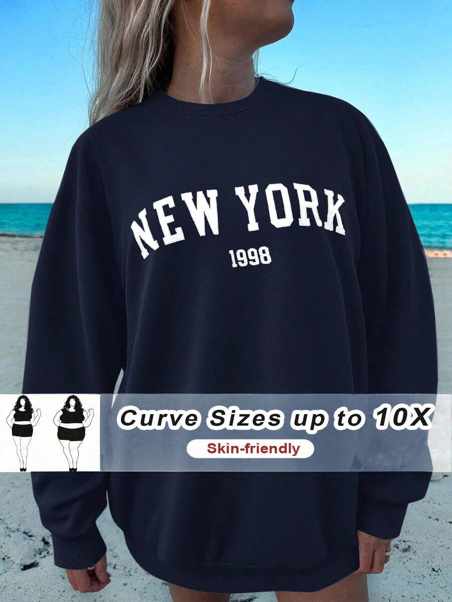 SHEIN CURVE+ 秋冬大码休闲宽松纽约图案圆领长袖女式运动衫 - 藏蓝色 - 查看 1