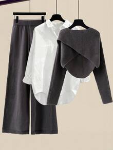 GlowEve 2件套女士时尚简约设计百搭休闲毛衣套装 - 灰色 - 查看 3