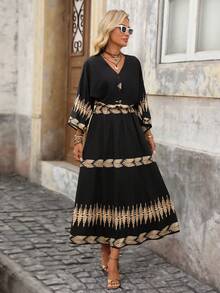 Brillora Vestido midi de mujer con cuello en V y medio abierto, de tela texturizada, corte holgado, manga larga, adecuado para salidas y vacaciones, otoño/invierno - Negro - Ver 2