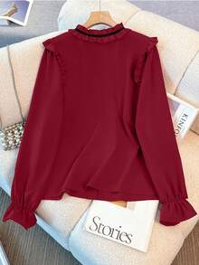 GlowEve CURVE 大码宽松长袖蕾丝边衬衫，优雅上衣，红色针织衫，春秋季，别致蝴蝶结衬衫，复古浪漫法式独特设计上衣