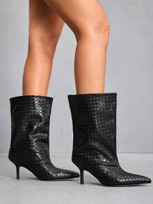 CUCCOO SZL 女士时尚黑色格子尖头一脚蹬优雅细高跟系带中筒靴，性感派对装 - 黑色 - 查看 8