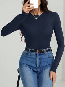 SHEIN Tall Women's All-Match Solid Color Long Sleeve Bodysuit, Versatile For Everyday Wear