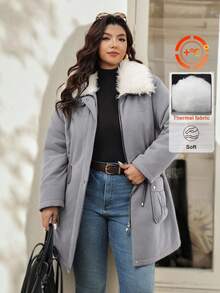 Vionelle Roveilla 加大码长袖连帽大口袋抽绳腰部纯色翻领仿皮草衬里休闲基本款夹克冬/秋 - 灰色 - 查看 4