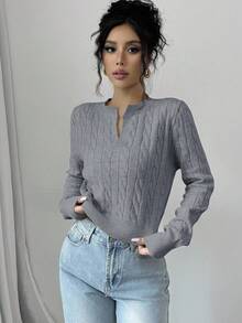 SHEIN LUNE 女式 V 领长袖扭纹休闲短款毛衣，秋冬 - 灰色 - 查看 5