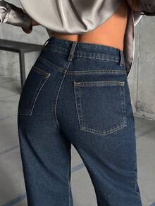 WOMEN CLASSIC HIGH WAIST STRAIGHT DARK BLUE JEAN - Dark Wash - View 3