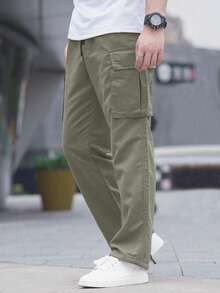 Manfinity Homme Men's Solid Color Cargo Pocket Straight Loose Casual Pants Men Cargo Pants Men Cargo Pants With Back Pocket Cargos For Men Manfinity Men Cargo Pants - Mint Green - View 3