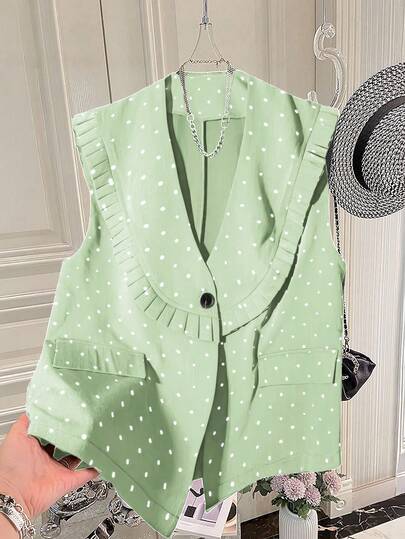 GlowEve CURVE 加大码圆点无袖背心，褶边设计，宽松披肩领，假口袋设计