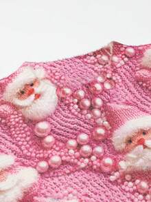 EMERY ROSE 2025 Pull de Noël pour femmes grandes tailles, Top tricoté avec impression 3D du Père Noël en perles roses - Framboise - Voir 8
