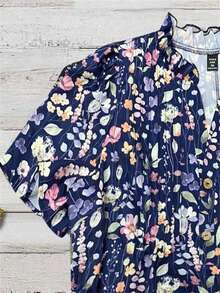 Hourglow 大码女式时尚休闲印花荷叶边短袖衬衫 - 藏蓝色 - 查看 3