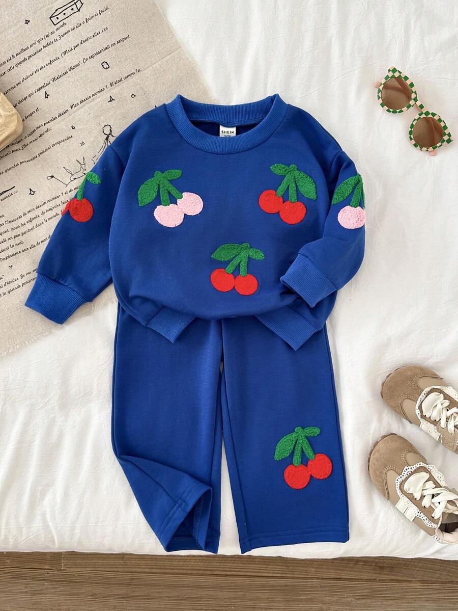 SHEIN 2pcs/Set Baby Girl Navy Blue Sweatshirt Set With 3D Cherry Decor,Wide Leg Pants,Blue And Orange,Autumn,Cute Modest,Back-To-School Long Sleeve Outfits - Blue - View 1