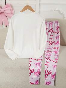 少女流行蝴蝶结元素，粉色系紧身圆领长袖和裤子家居服套装，采用高弹力亲肤面料制成，适合节日、节日和日常穿着的甜美家居服 - 白色 - 查看 2