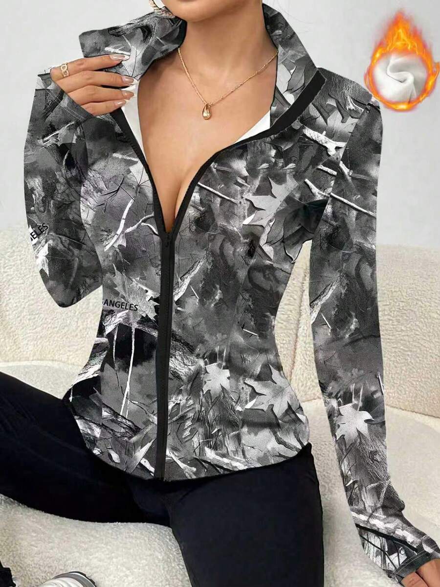 SHEIN LUNE 休闲迷彩印花保暖修身夹克,秋冬 - 彩色 - 查看 1