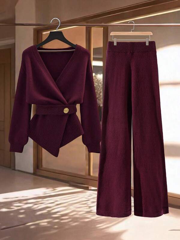 GlowEve Women's Solid Color V-Neck Long Sleeve Top And Pants Knitted 2 Pieces Set