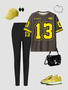 女式休闲时尚创意黄黑撞色 13 个数字和字母图案印花短袖上衣和紧身裤套装，适合秋季和所有季节的百搭服装 - 彩色 - 查看 3