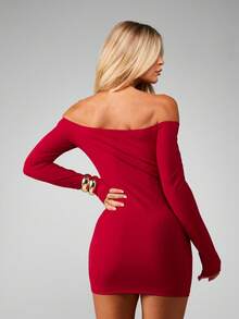 MISSGUIDED Off Shoulder Bodycon Mini Dress With Long Sleeves And Ring Detail For Party Evening Christmas