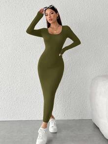 SHEIN PETITE 純色圓領修身優雅長袖洋裝，適合嬌小女性 - 軍綠色 - 查看 3