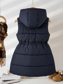 SHEIN Casuvi Kids Tween 加长连帽背心，带口袋和拉链 - 藏蓝色 - 查看 2