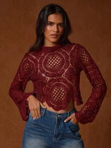 Glamine Women's Solid Color Stand Collar Knit Hollow Out Long Sleeve Cropped Sheer Shirt With Embroidered Trim - Rose Red - View 4