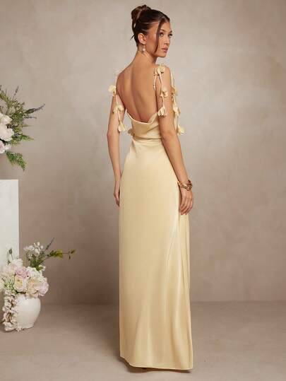 L'Amorae Váy maxi satin hở lưng màu trơn thanh lịch dành cho nữ