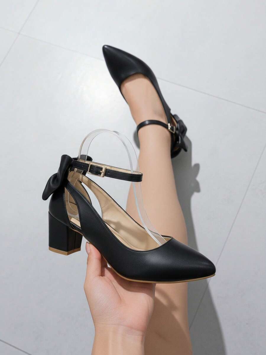 Zapatos de tacón alto para mujer estilo elegante lazo decorativo material PU sin estampado corte holgado punta afilada sin mangas primavera otoño fiesta evento formal - Negro - Ver 1