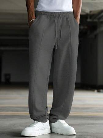 Manfinity Hypemode Young Street-Style Solid Color Elastic Waist Drawstring Pocket Loose Fit Sweatpants For Men Men Sweat Pants Drawstring Grey Joggers Men Baggy Grey Sweatpants Men Men Sweatpants Gym Sweats