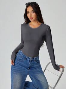 SHEIN PETITE 纯色长袖修身白色T恤连体衣 - 灰色 - 查看 4