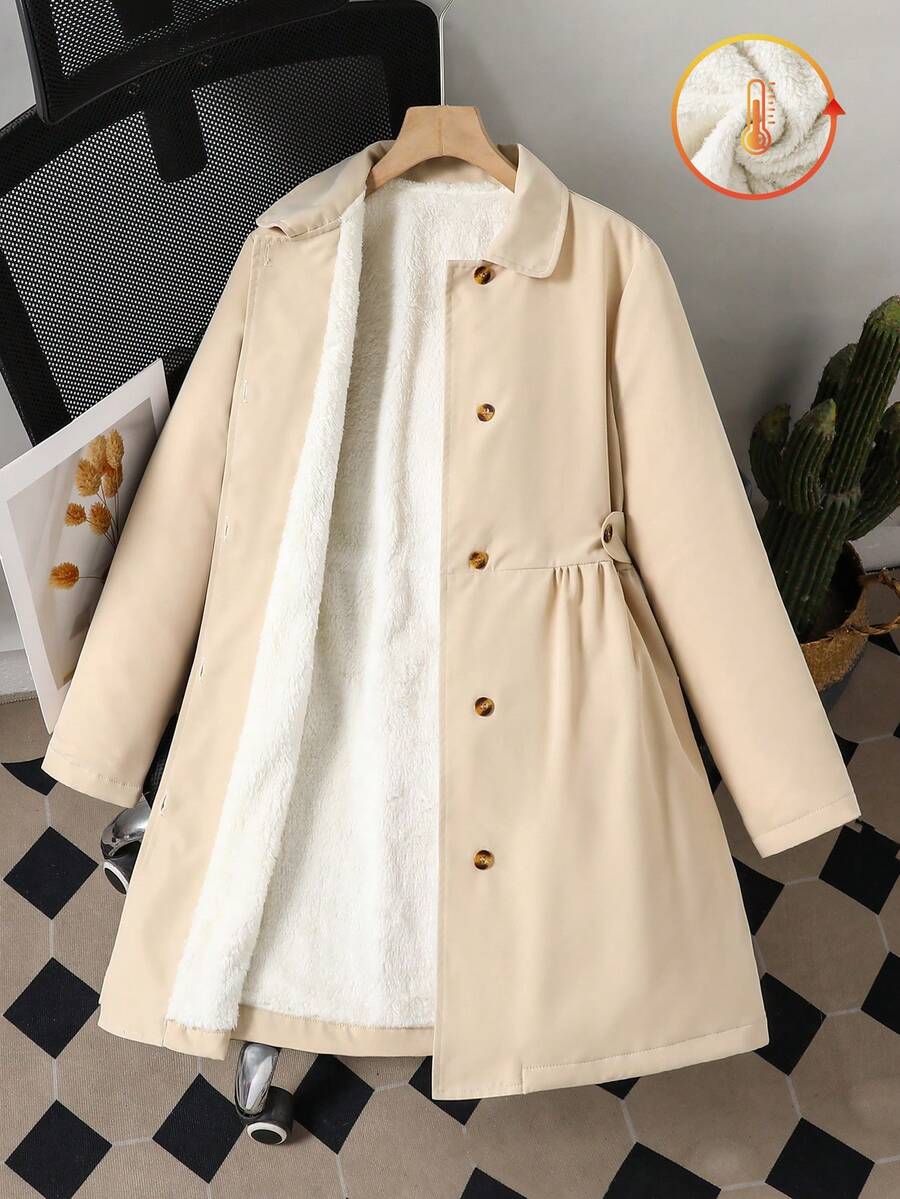 Sparklyn 女童连帽防风外套，保暖内衬，抽绳腰带设计，经典宽松版型，适合休闲穿着、通勤、户外活动以及秋冬季节穿着。 - 卡其色 - 查看 1