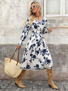 Brillora 女士花卉印花V领长袖休闲中长连衣裙，度假风 - 藍色 - 查看 7