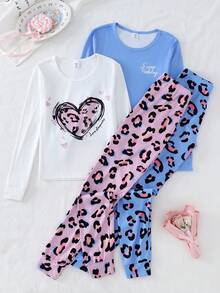 Bộ đồ ngủ 4 món tay dài họa tiết trái tim và da báo cho bé gái kèm quần legging bó sát - Nhiều màu - Xem 5