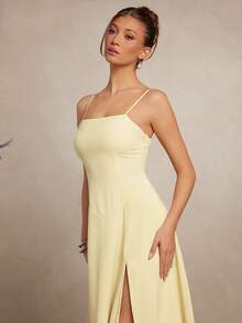 L'Amorae Elegant Sexy Solid Color High Slit Sleeveless Dress, Summer Golf Pastal - Yellow - View 3