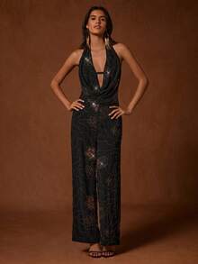 SHEIN Glamour 女士时尚派对串珠装饰低胸露背连体裤 - 黑色 - 查看 5