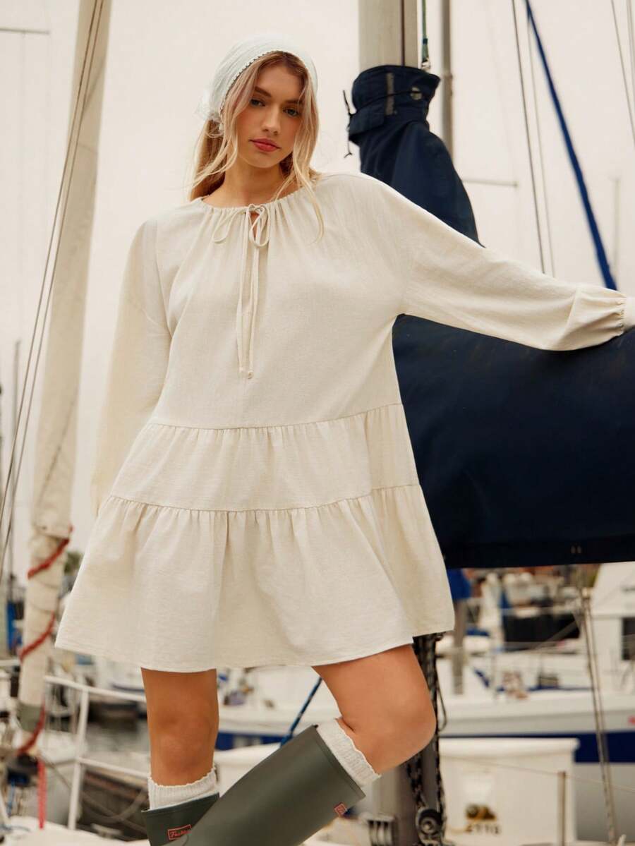 WESTFADE Bow Tie Neck Keyhole Front Cut Out Long Sleeve Tiered Ruffle Textured Cotton Blend Mini Dress Fall, Western Wear For Women, Autumn, Winter, Boho, Casual, Country Concert, Thanksgiving Outfit - Cream - View 1