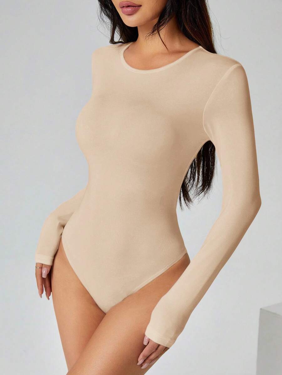 SHEIN PETITE Solid Long Sleeve Slim Fit White T-Shirt Bodysuit