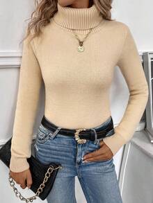 EMERY ROSE Women's Solid Color Turtleneck Long Sleeve Casual Sweater With Thermal Lining, Autumn/Winter - Khaki - View 3
