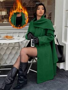 Calvaya Plus Size Solid Color Fashionable Elegant Mid-Length Women Overcoat - Dark Green - View 1