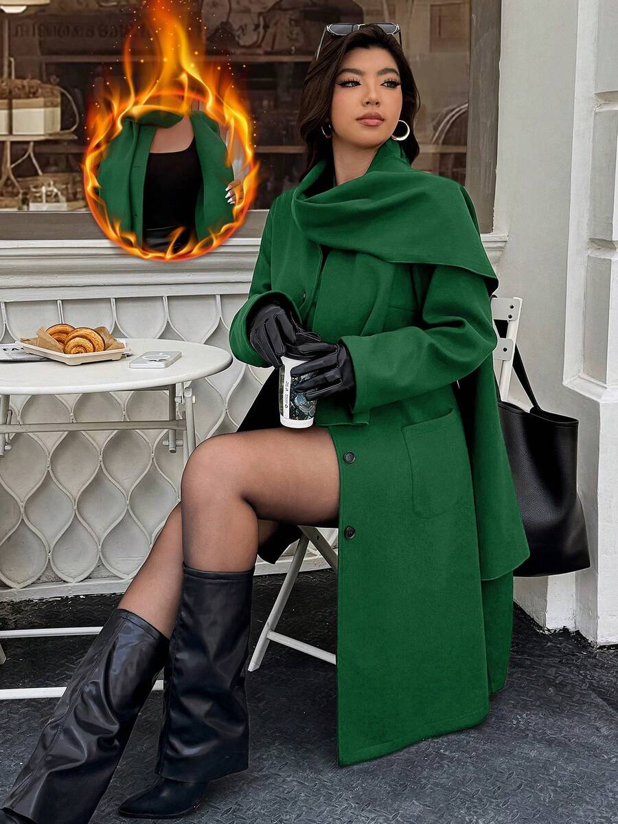 Calvaya Plus Size Solid Color Fashionable Elegant Mid-Length Women Overcoat - Dark Green - View 1