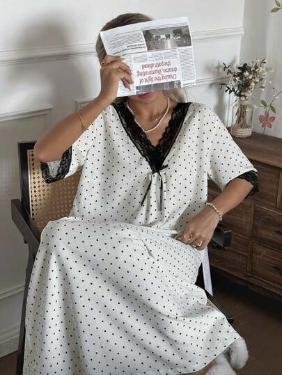 CottageSlumber 波尔卡圆点印花荷叶边V领撞色蕾丝蝴蝶结可爱女式睡袍